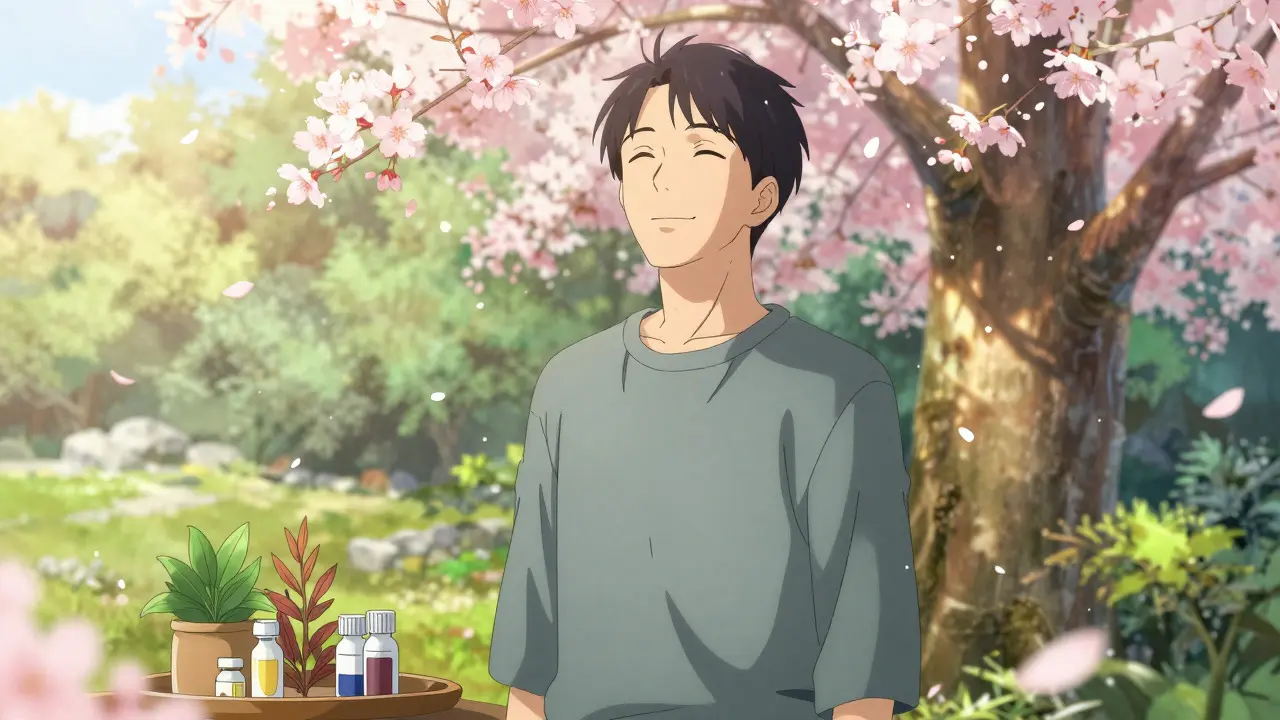 Anime depiction of a patient recovering facial symmetry in a sunny garden setting
