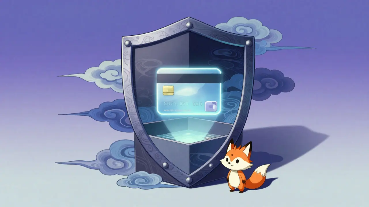 Anime style illustration of a shield protecting a medicine box from scams