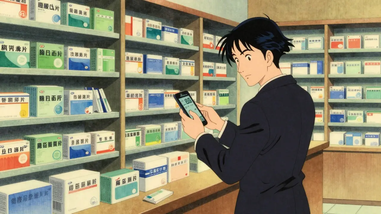 Anime style scene of a person comparing medicine prices in a busy pharmacy