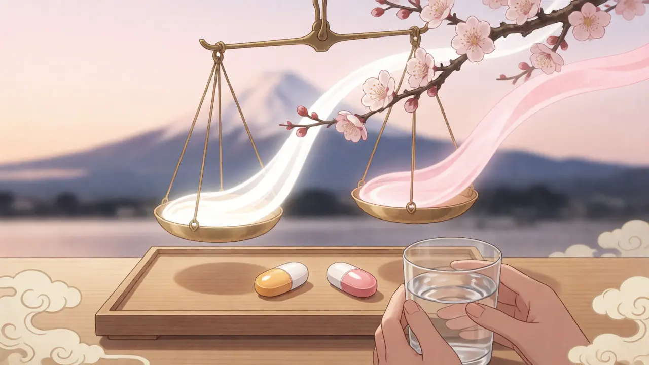 Balanced scales representing equal efficacy of brand and generic pills.