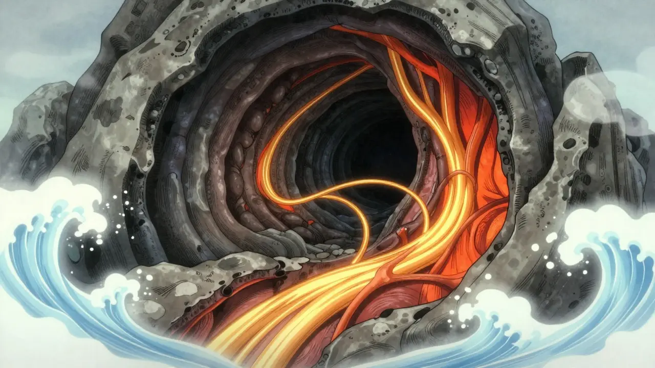 Conceptual anime art showing an inflamed nerve inside a bone tunnel being treated