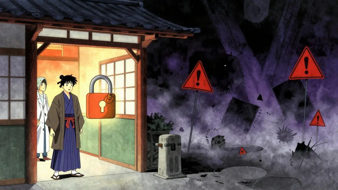Digital safety gate with padlock charm vs dark scam abyss in ukiyo-e influenced anime illustration.