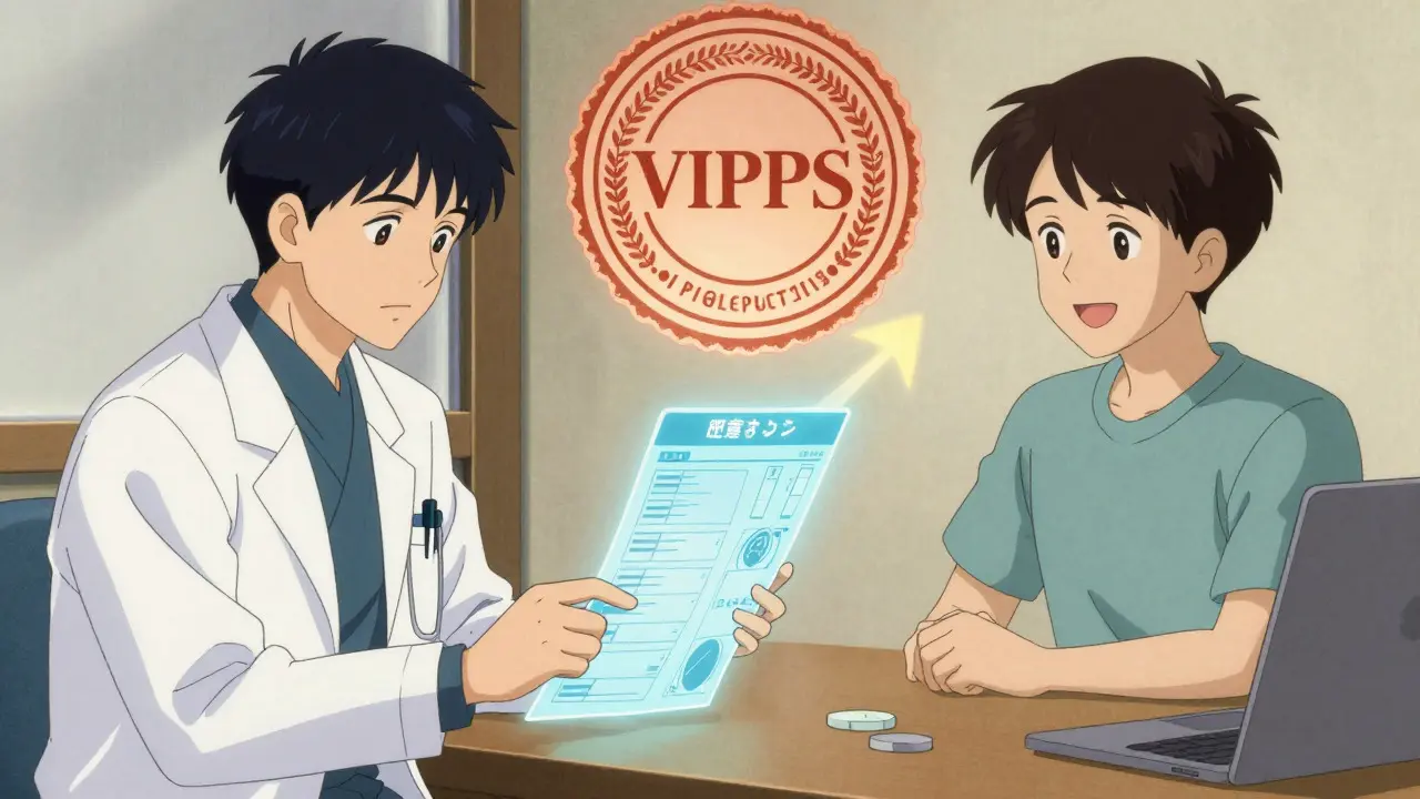 Doctor and patient telehealth consultation with security seal in anime style