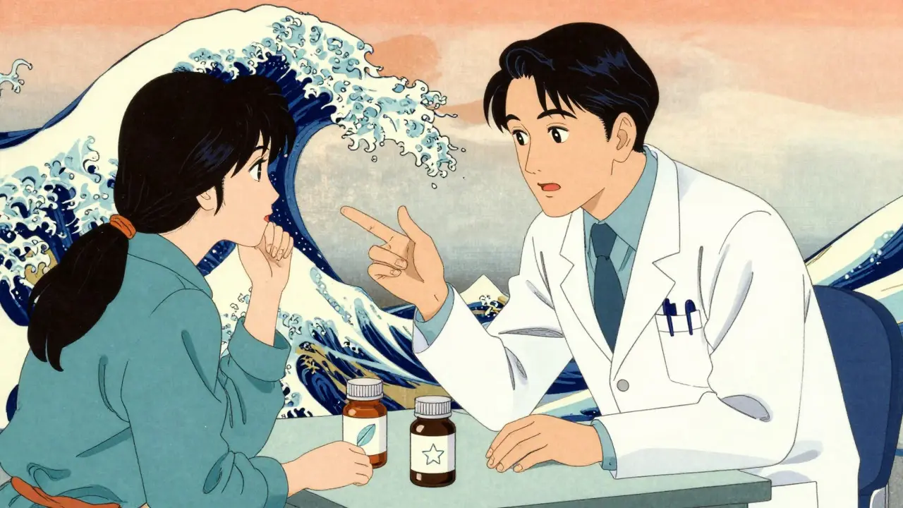 Doctor explaining medication switch to attentive patient in ukiyo-e anime style