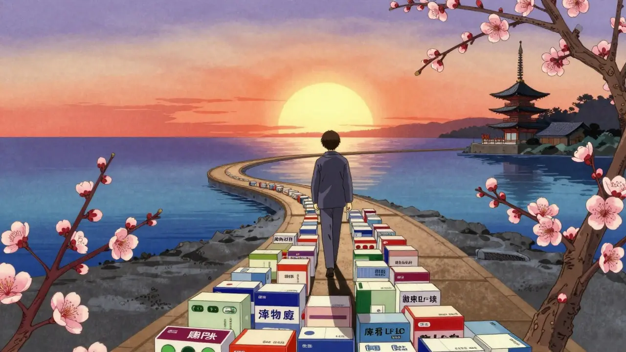 Figure walking path of medicine boxes toward sunrise horizon