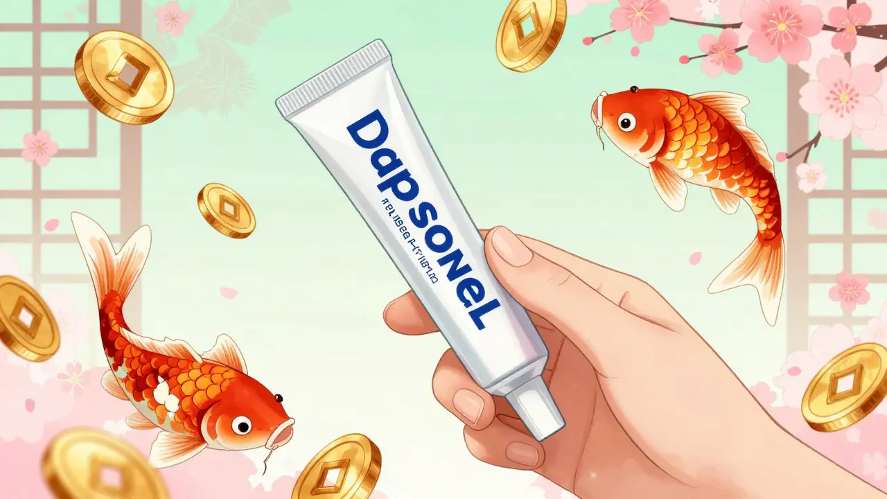 Hand holding acne gel with golden koi fish symbolizing savings in anime style