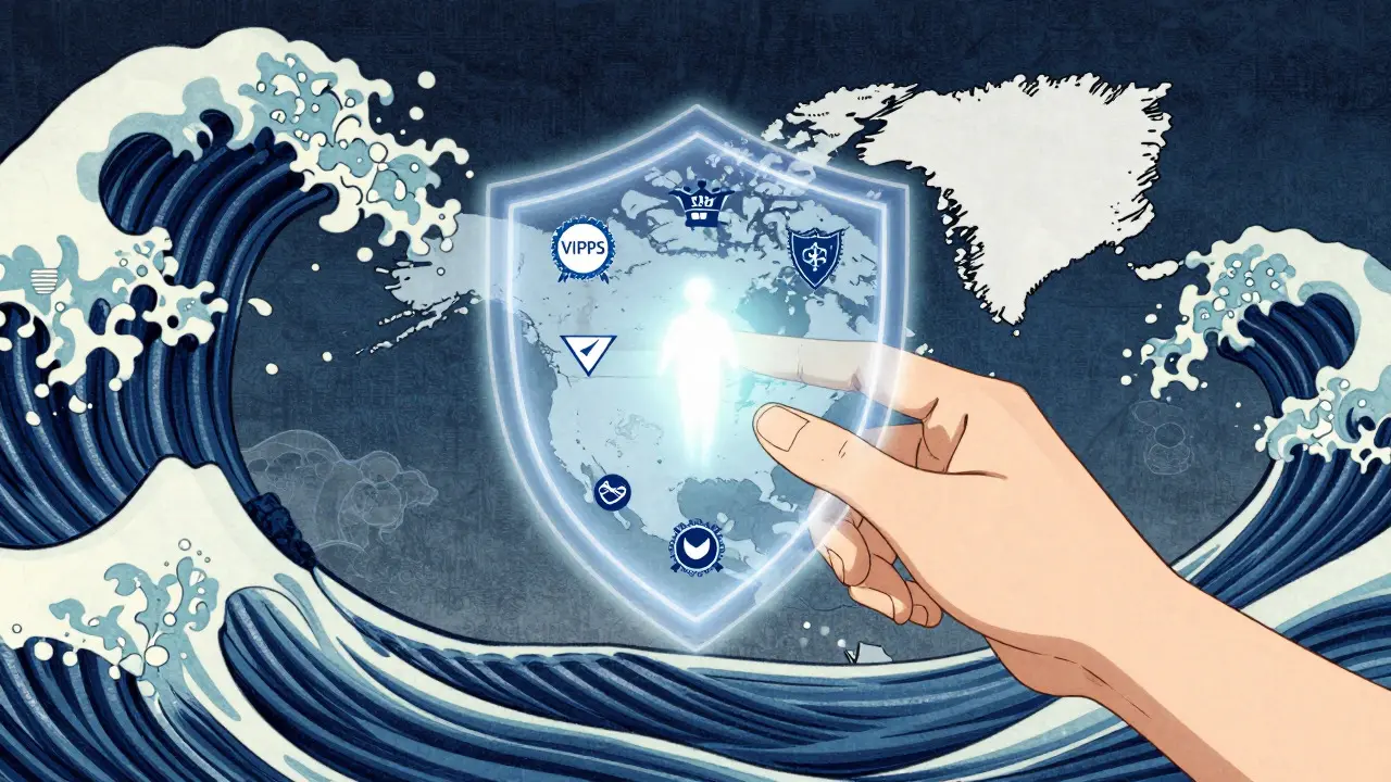 Hand touching a glowing security shield over a map representing safe pharmacies