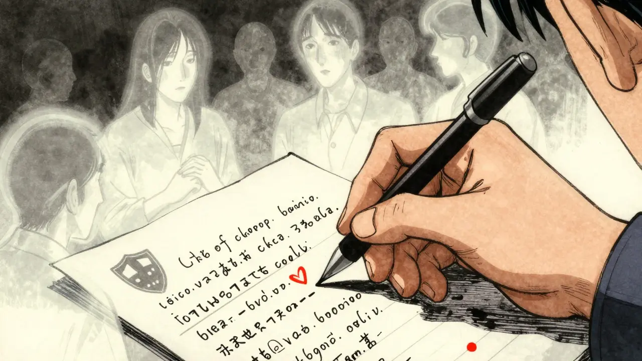 Hand writing medical notes with ghostly conversation bubbles in anime style