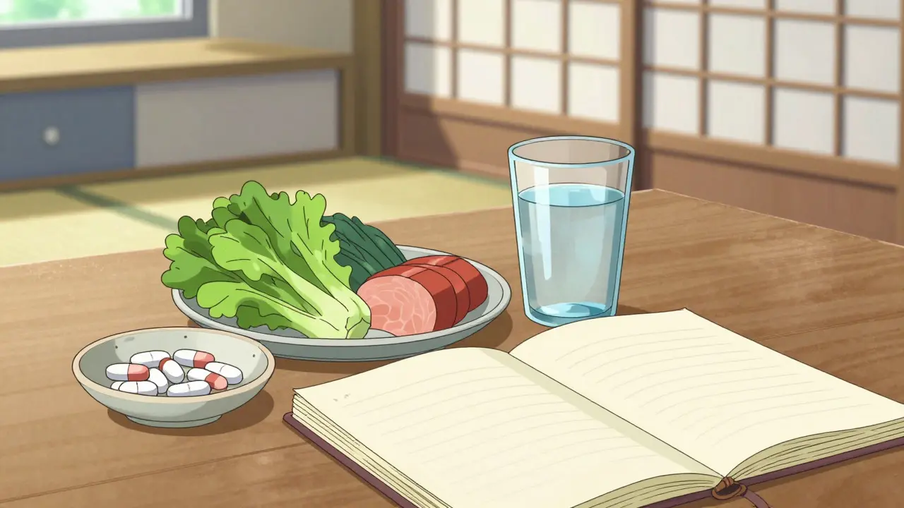 Levothyroxine pills, water, and journal in ukiyo-e anime style