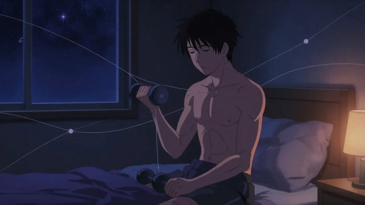 Patient exercising lightly in a dark bedroom under starry sky