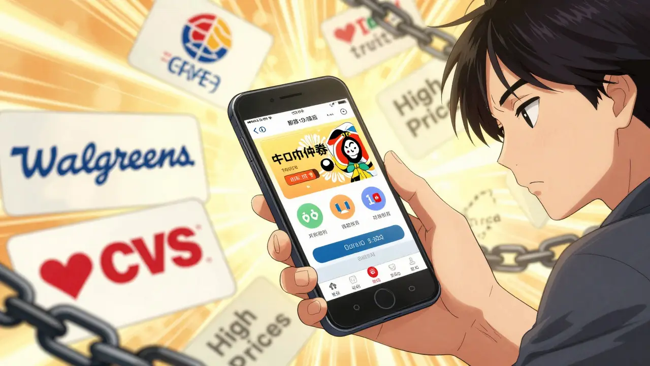 Person using smartphone for pharmacy discounts with floating trusted pharmacy emblems in anime style.