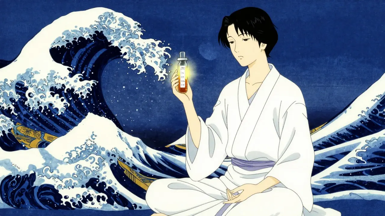 Stylized figure holding glowing TSH vial with wave background