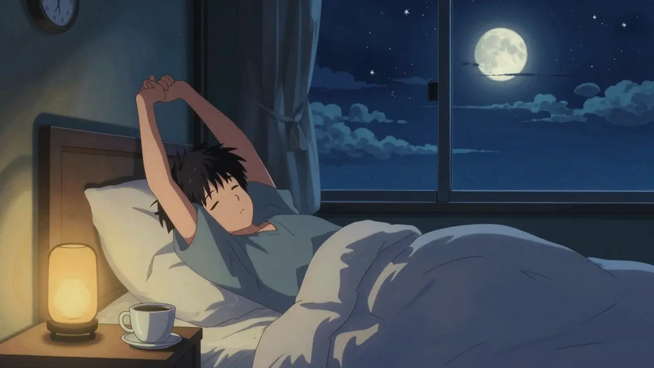 Ukiyo-e influenced anime of a person relaxing at night with a clock and empty coffee cup.