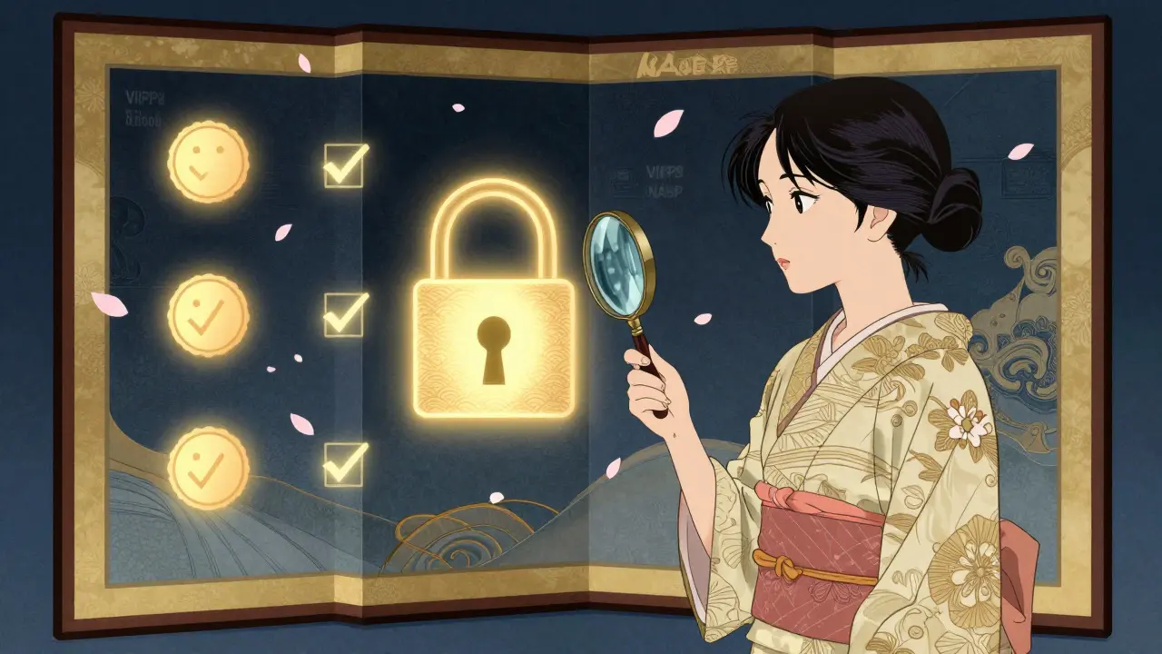 Woman verifying online pharmacy security seals on digital screen