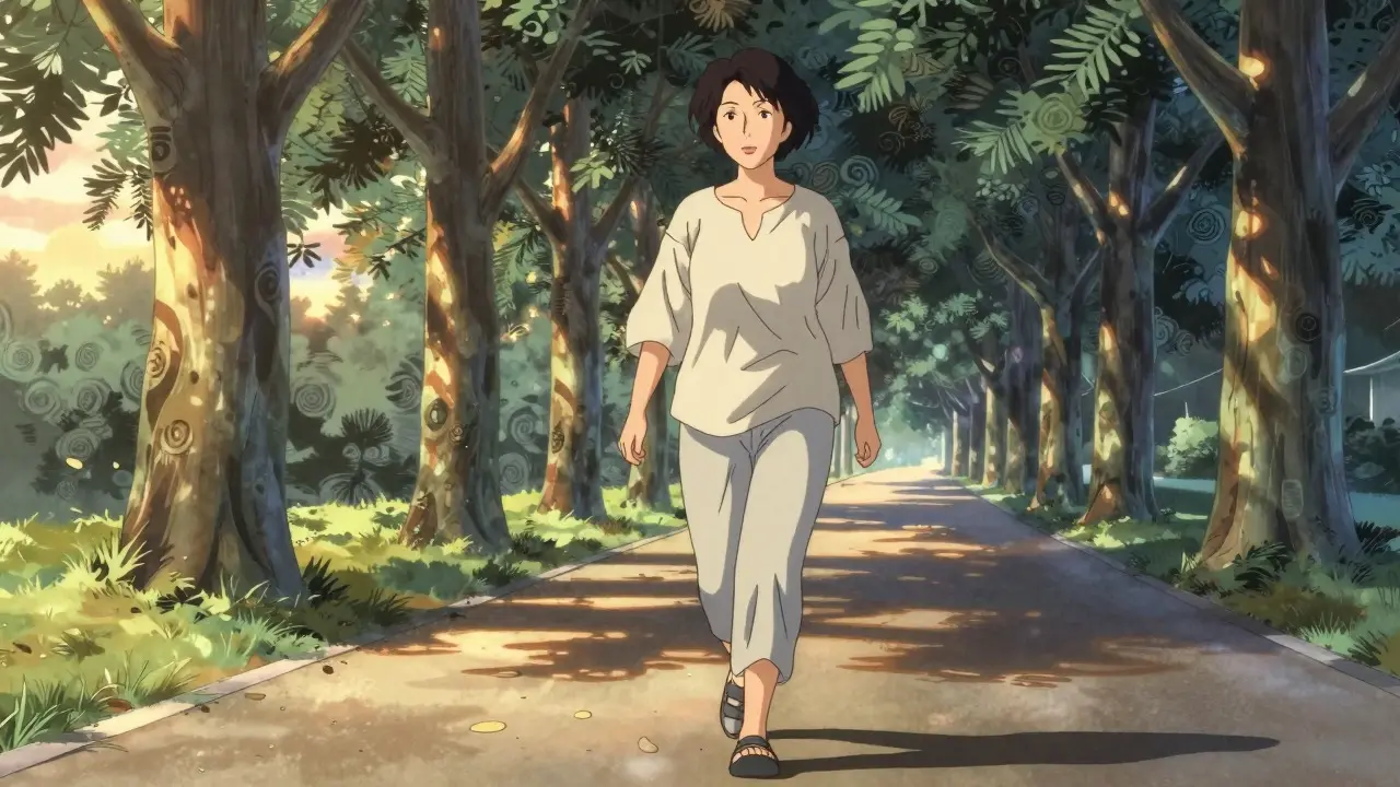 Woman walking briskly in a park with stylized trees in anime style