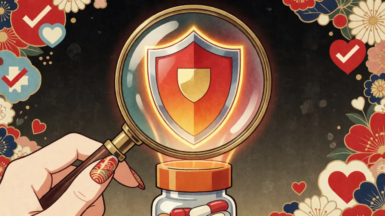 Magnifying glass inspecting a glowing shield over a medicine bottle