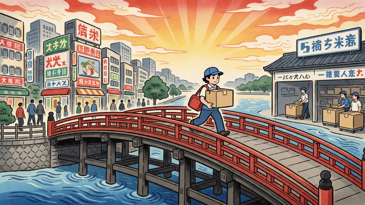 Stylized courier crossing a bridge between city and delivery hub